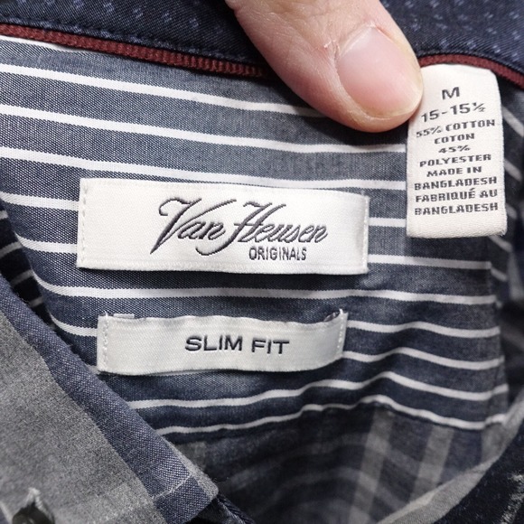 VAN HEUSEN ORIGINALS SLIM FIT BLUE GREY PLAID BUTTON DOWN SHIRT MENS M 15-15.5 - Picture 5 of 5